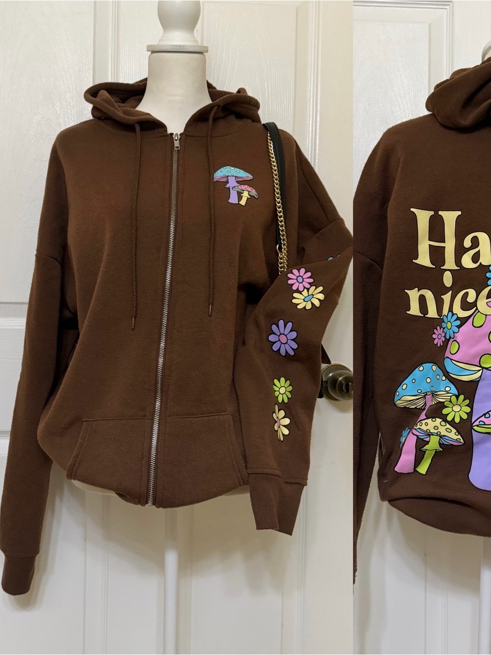 2000s style whimsical brown graphic oversized zip up hoodie w mushroom graphic